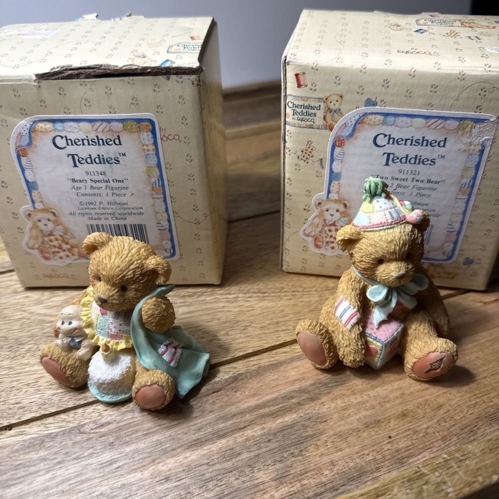 2 Cherished Teddies Figurines Enesco 1992 Beary Special One & Two Sweet Two Bear